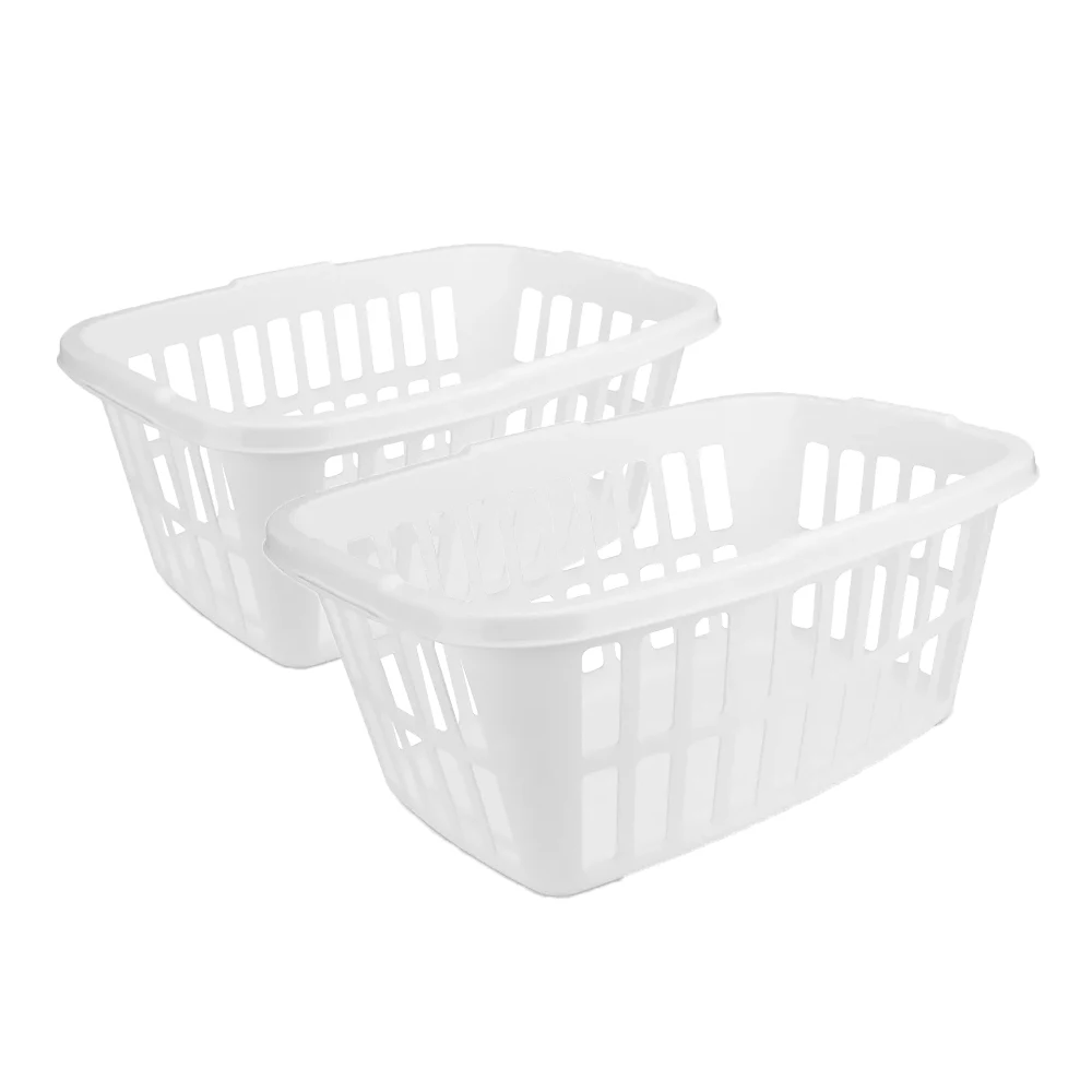 

2pcs White Plastic Laundry Baskets with Built-In Handles,1.5Bu Large Portable Sturdy Dirty Clothes Hamper for Towel,Bedroom,Dorm