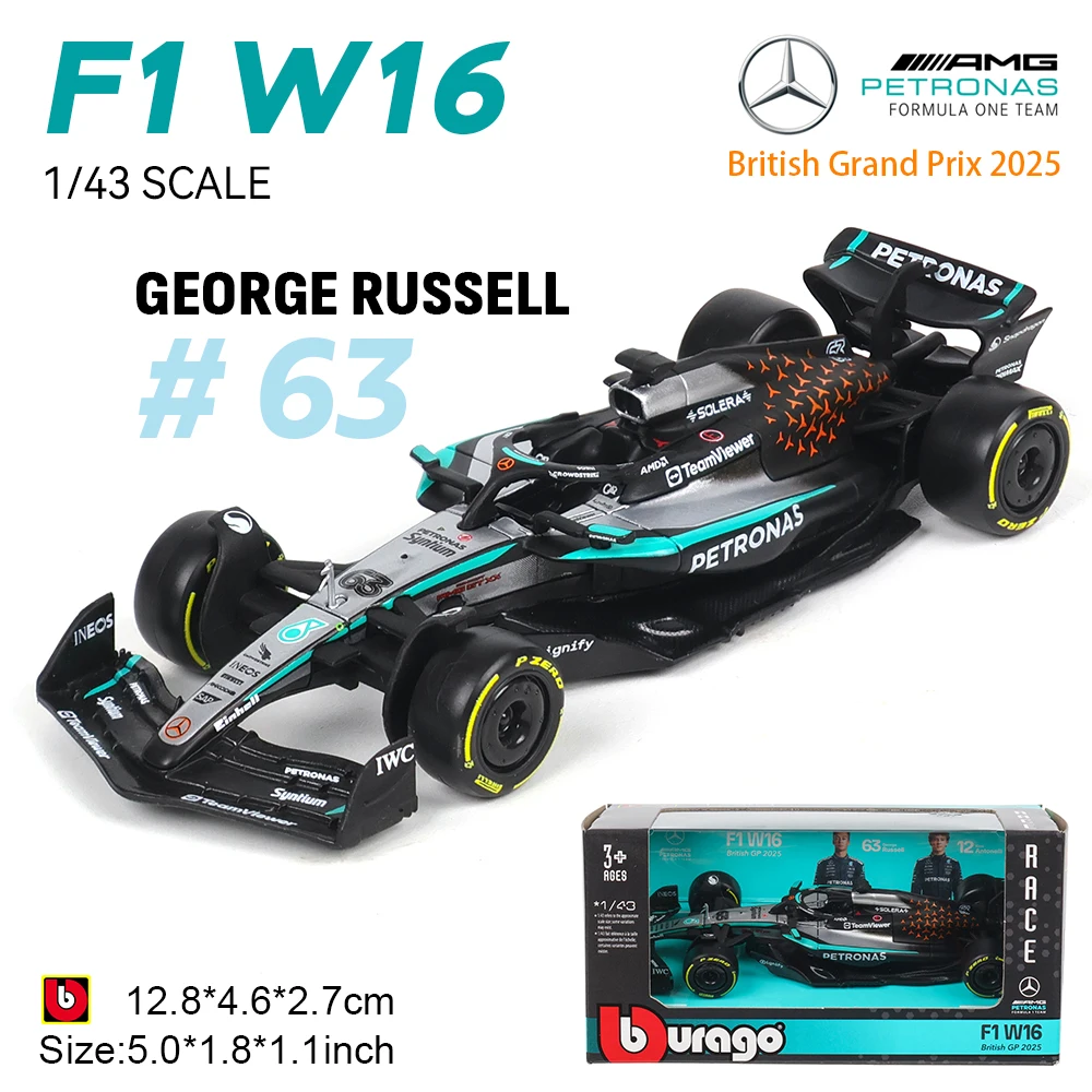 Bburago 1:43 F1 Mercedes-AMG 2025 British Grand Prix W16 #63 Russell #12 Kimi Alloy Car Die Cast Model Toy