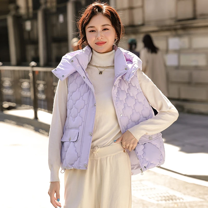 

Фиолетовый хлопковый женский жилет, новинка 2025, осень-зима, свободный универсальный джинт со съемной кепкой, Thiened из полиэфирного волокна