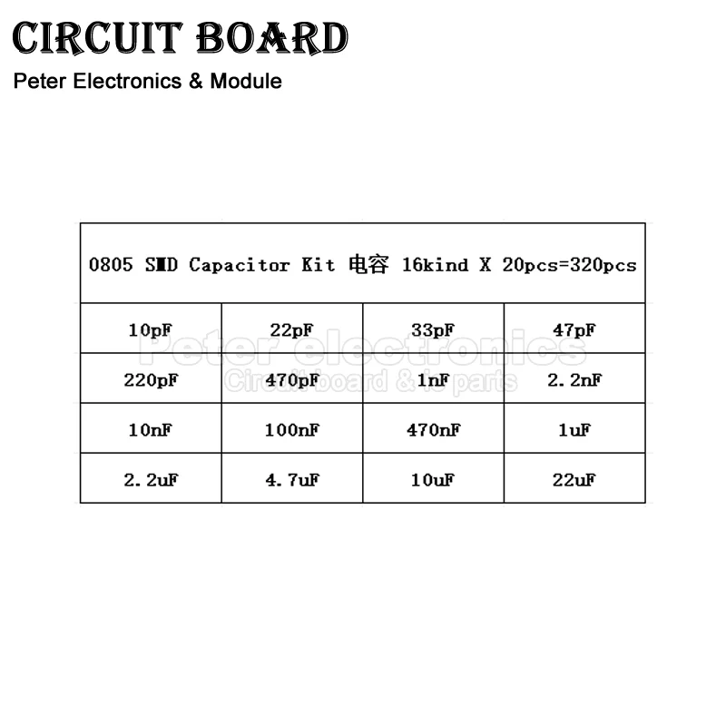 Assorted Capacitor Kit, Electronic DIY Amostras Set, SMD, 10pF ~ 22uF, 16 Valores, 20Pcs, 0805, 320Pcs = 16 Valores