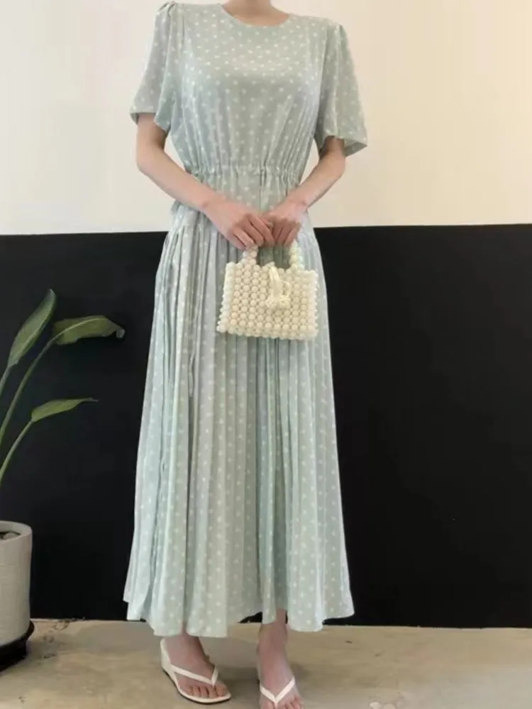 Summer Puff Sleeve Cotton Polka Dot Pleated Dress Women Elegant Vintage Japanese Loose Casual Feature Collar Ladies  Dresses