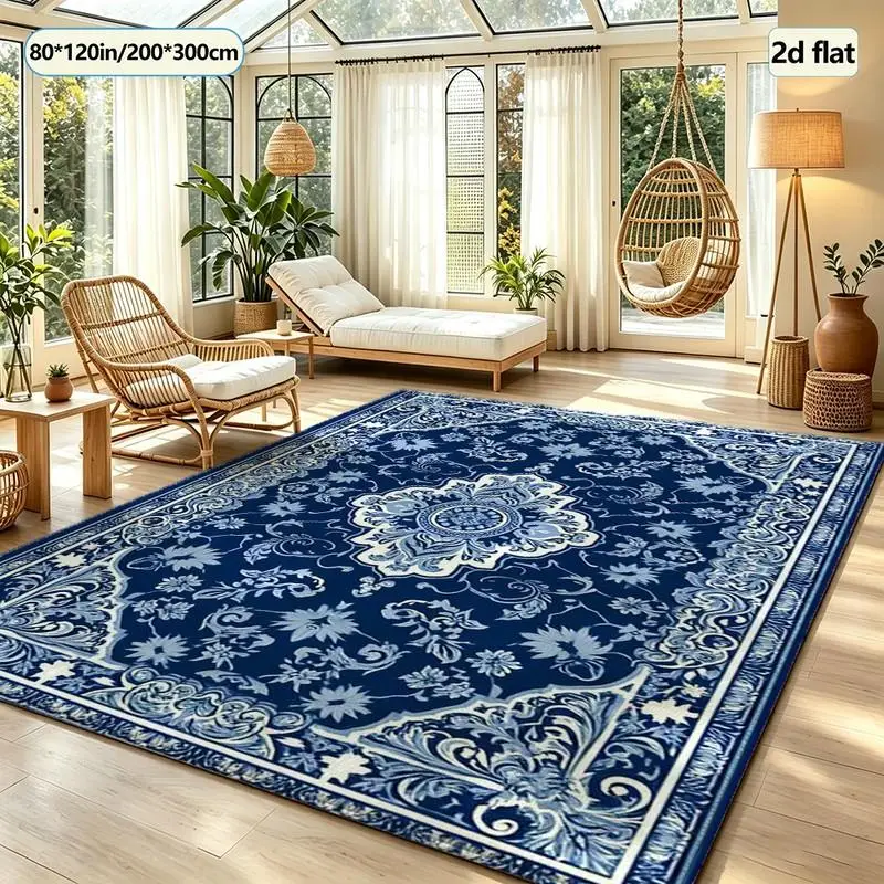 Vintage Blue Porcelain Floral Medallion Carpet Flooring Traditional Square Area Rug Non-Slip Ornate Floor Mat for Living Room Bedroom Home Interior