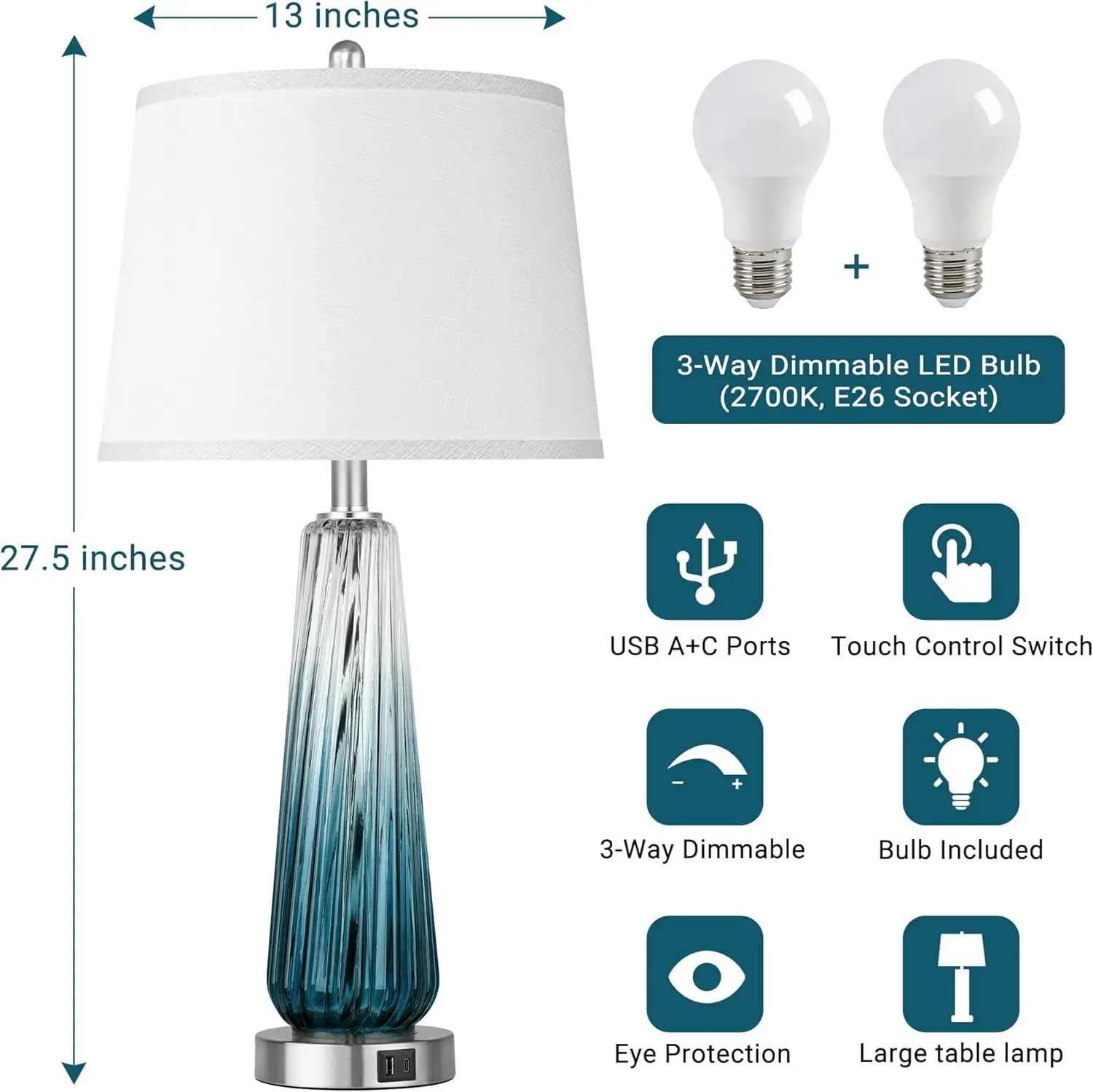 Lampade da tavolo in vetro con controllo touch, set di 2 porte USB, lampada da comodino dimmerabile per l'arredamento della camera da letto