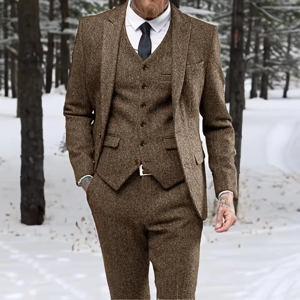 

Winter Brown Men's Wool Blazer Suits Tweed Herringbone Classic Slim Suit 3-piece Suit Business Wedding Party Tuxedo