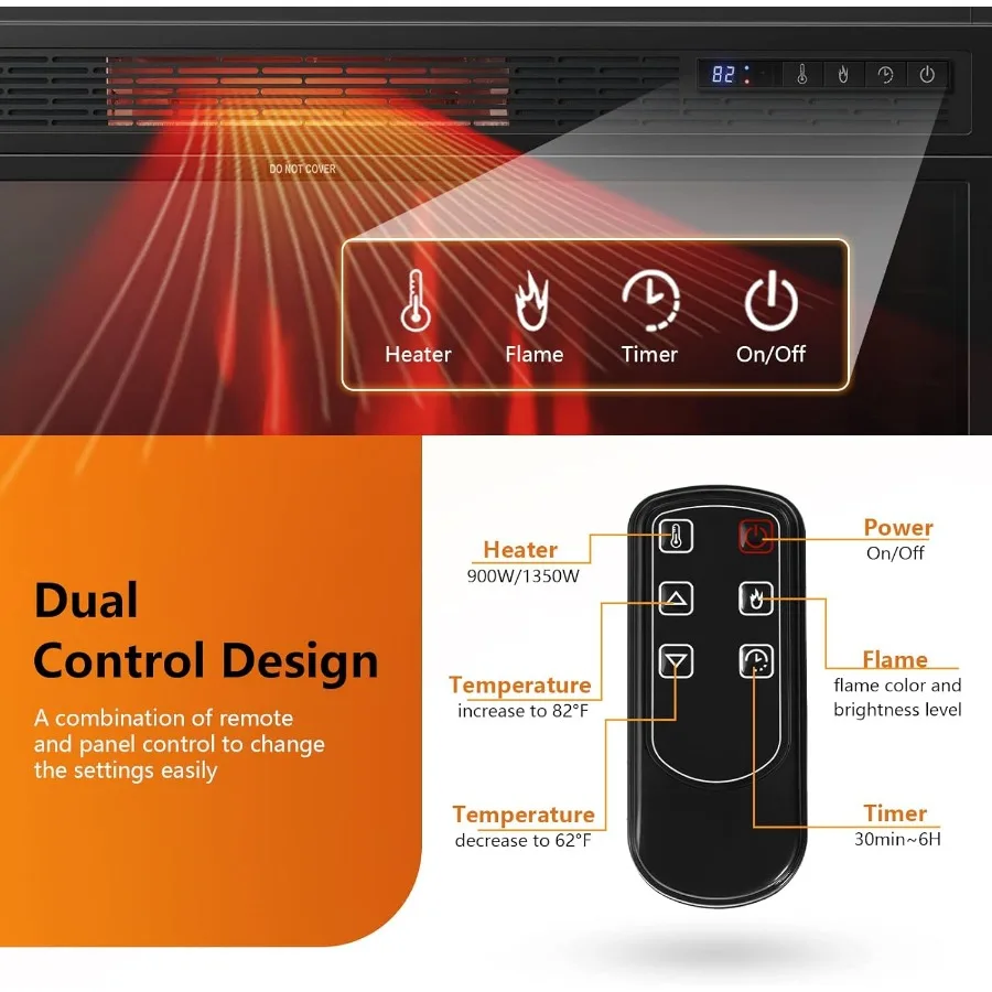 28 Perapian Listrik Terpasang di Dinding dengan Pemanas Listrik, Remote Control, Antarmuka Layar Sentuh, Timer yang Dapat Diprogram, Daya Ganda