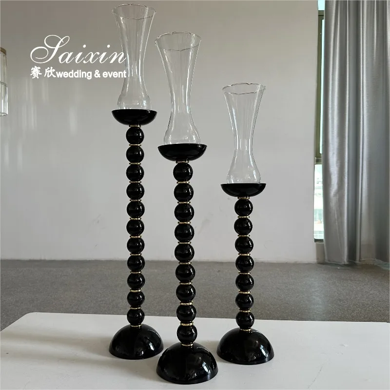 Set glass hurricane candle holder black crystal ball candle holder wedding table ornament