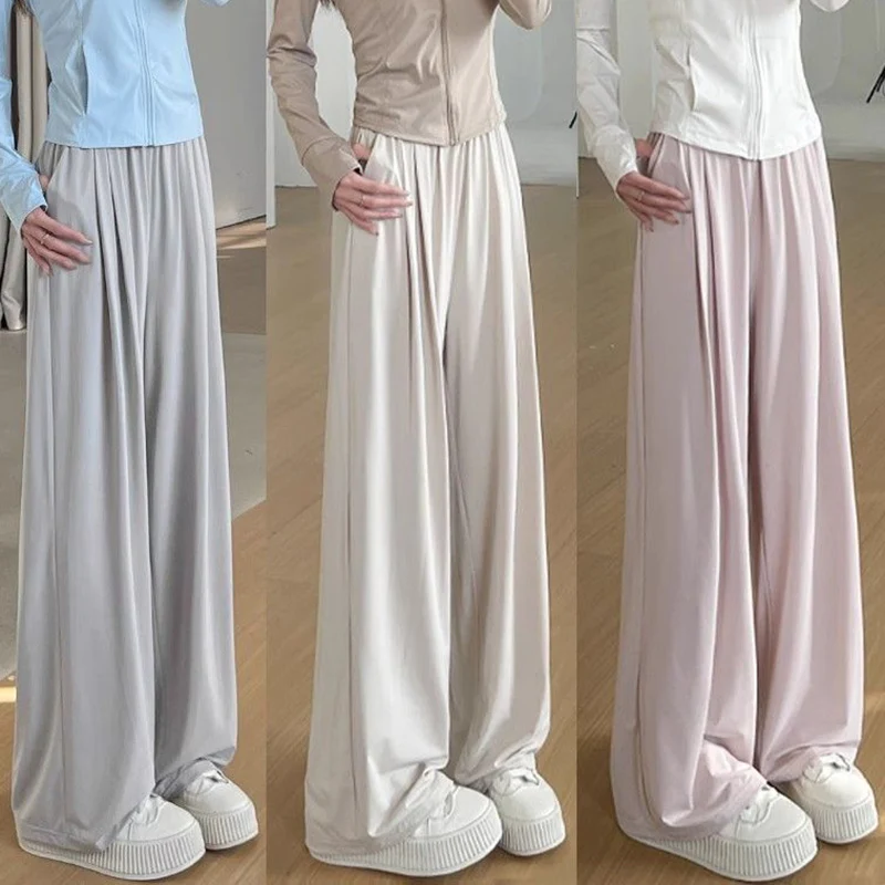 Pantaloni lunghi casual da donna in seta di ghiaccio di vendita calda Pantaloni classici larghi a vita alta da donna Pantaloni casual solidi alla moda