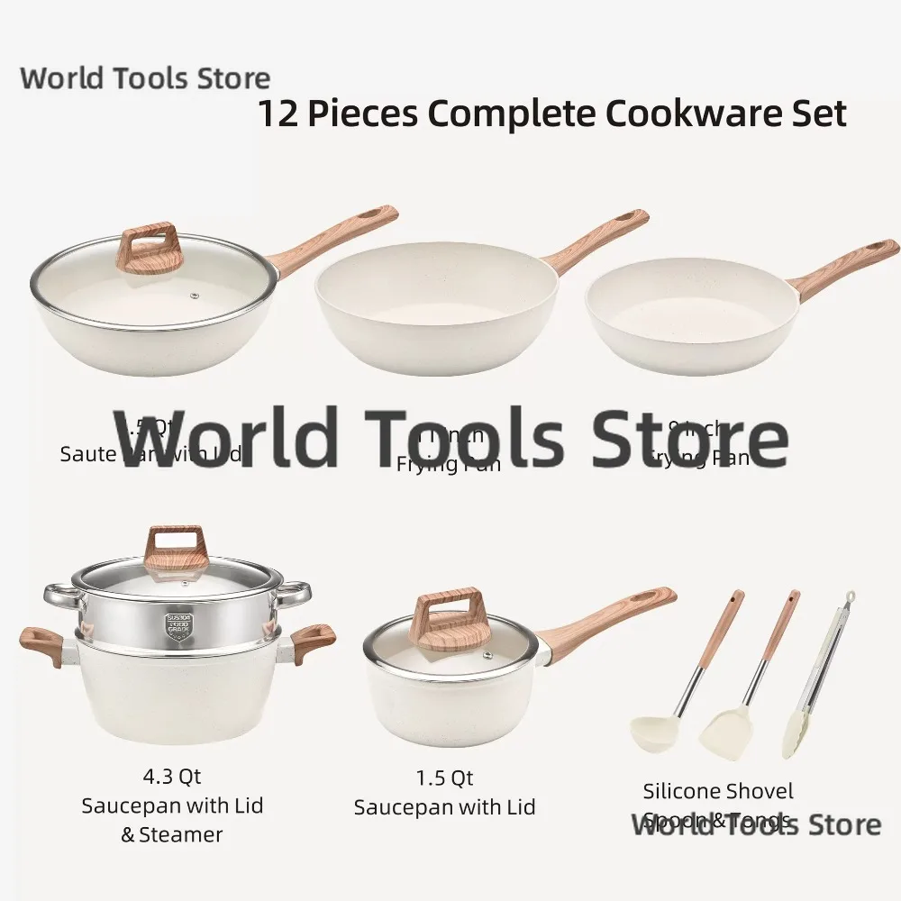 Granite Non-Stick 12Pcs Cookware Set Household Kitchen Pots Kit Frying Pan Wok Soup Pot Steamer For Cooking