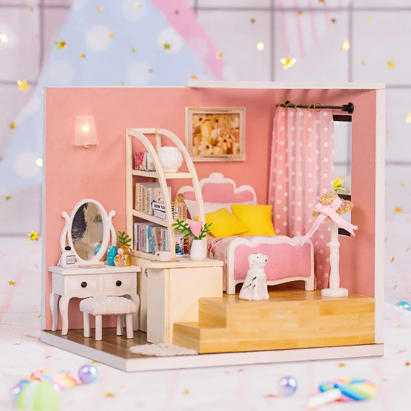 

3D Wooden DIY Miniature Bedroom Dollhouse Kit, Pink Loft Assembled Model, Handmade Creative Birthday Gift for Teens & Home Decor