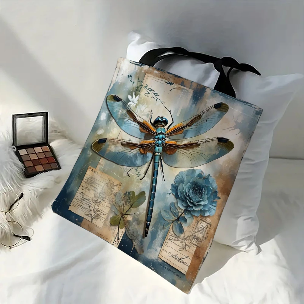 Torba na ramię Dragonfly Art Tote Bag o dużej pojemności, torba na zakupy wielokrotnego użytku z lnianą tkaniną z nadrukiem portmonetki