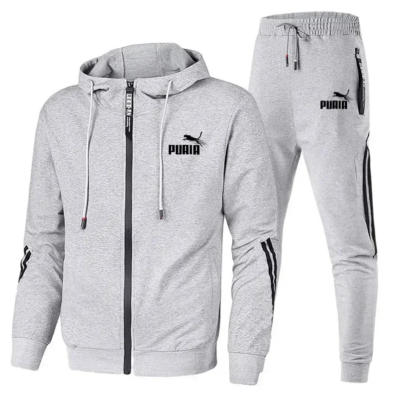 Fashion Tracksuit Men Suit Autumn New Zipper Cardigan Jacket+Sweatpants Stripe Running Fitness Basketball Jogging 2 Piece Set