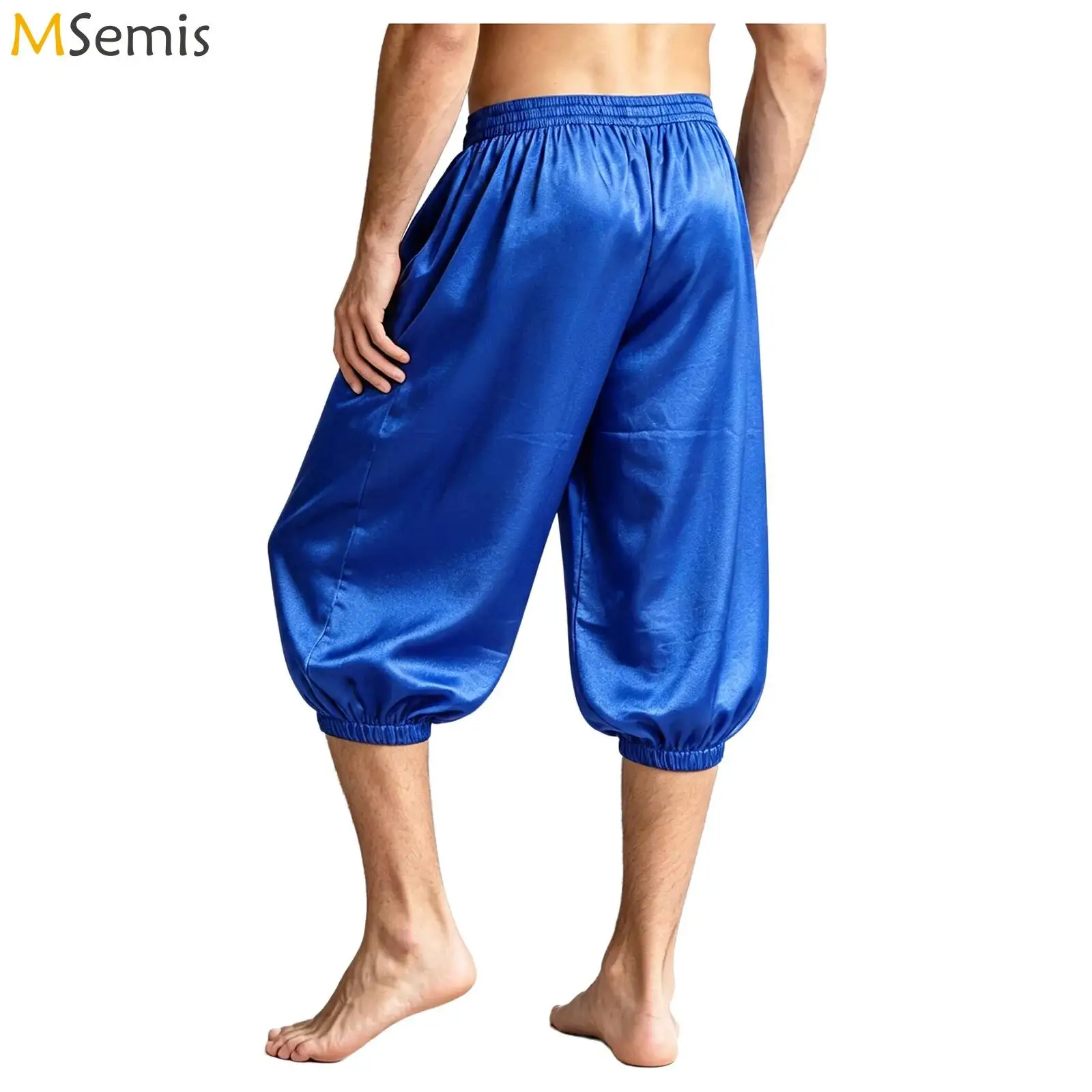 Mens Elastic Waist Loose Capri Pants Medieval Renaissance Pirate Shorts Arab Prince Silky Trousers Halloween Cosplay Costume