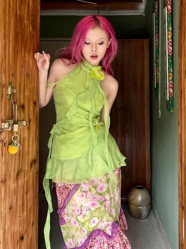 Y2k-Top con cuello Halter para mujer, Top Sexy estético sin mangas con volantes irregulares, camisola ajustada Grunge con flores 3d Vintage Harajuku