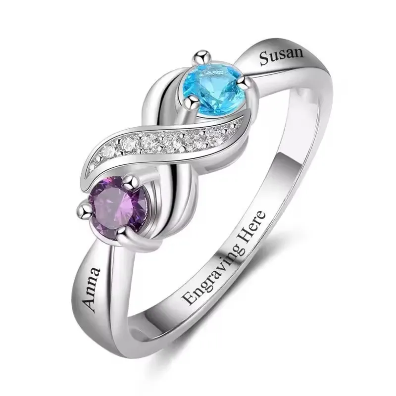 Personalisierter gravierter Namens-Infinity-Ring mit 2 Geburtssteinen, individueller Versprechensring für Frauen, Mütter und Familien – Schmuck – Detail 4