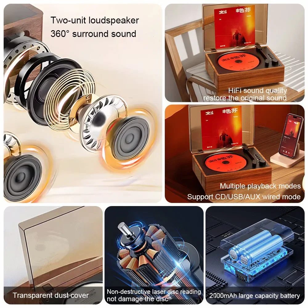 Portable All-in-One Vintage CD Player, Bluetooth Speaker, Audio Disc, Album Player, Birthday Gift, U Disk Play, Remote Control