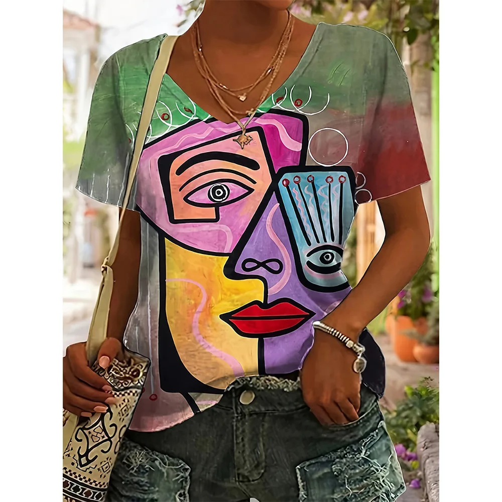 Leisure Short Sleeved T-shirt With Abstract Character Art Print V-neck Top Comfortable Street Fashion Trend For Women In 2024