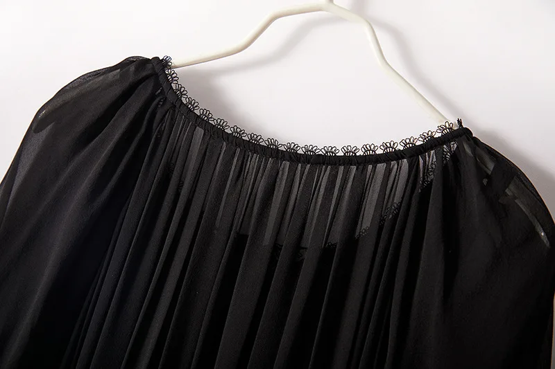 Birdsky, 1 peça feminina gola redonda vestido solto ajuste faixa de renda 100% seda amoreira real preto, S-1028