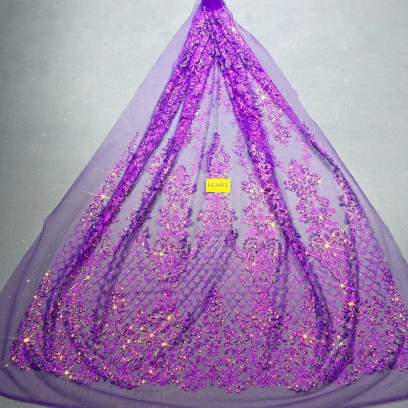 

5 Yards Lilac Hot Gold Powder Africa Glitter Fabric Embroidery Net Lace With Glued Glitter Sequins Wedding Or Party