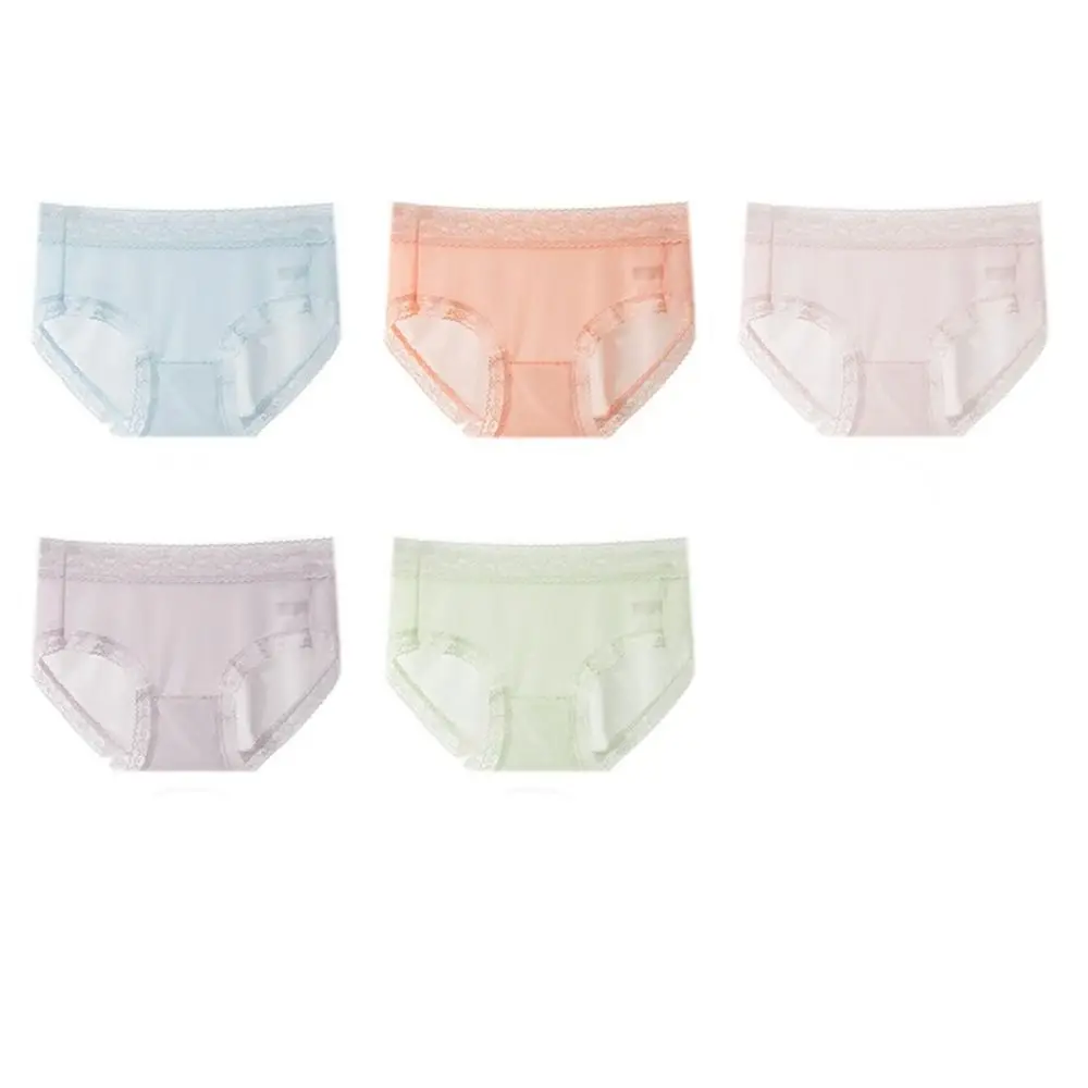 6Pcs Mesh Thin Ice Silk Panties Mid Waist Cotton Crotch Seamless Lace Briefs Underpants Transparent Underwear for Women Lady