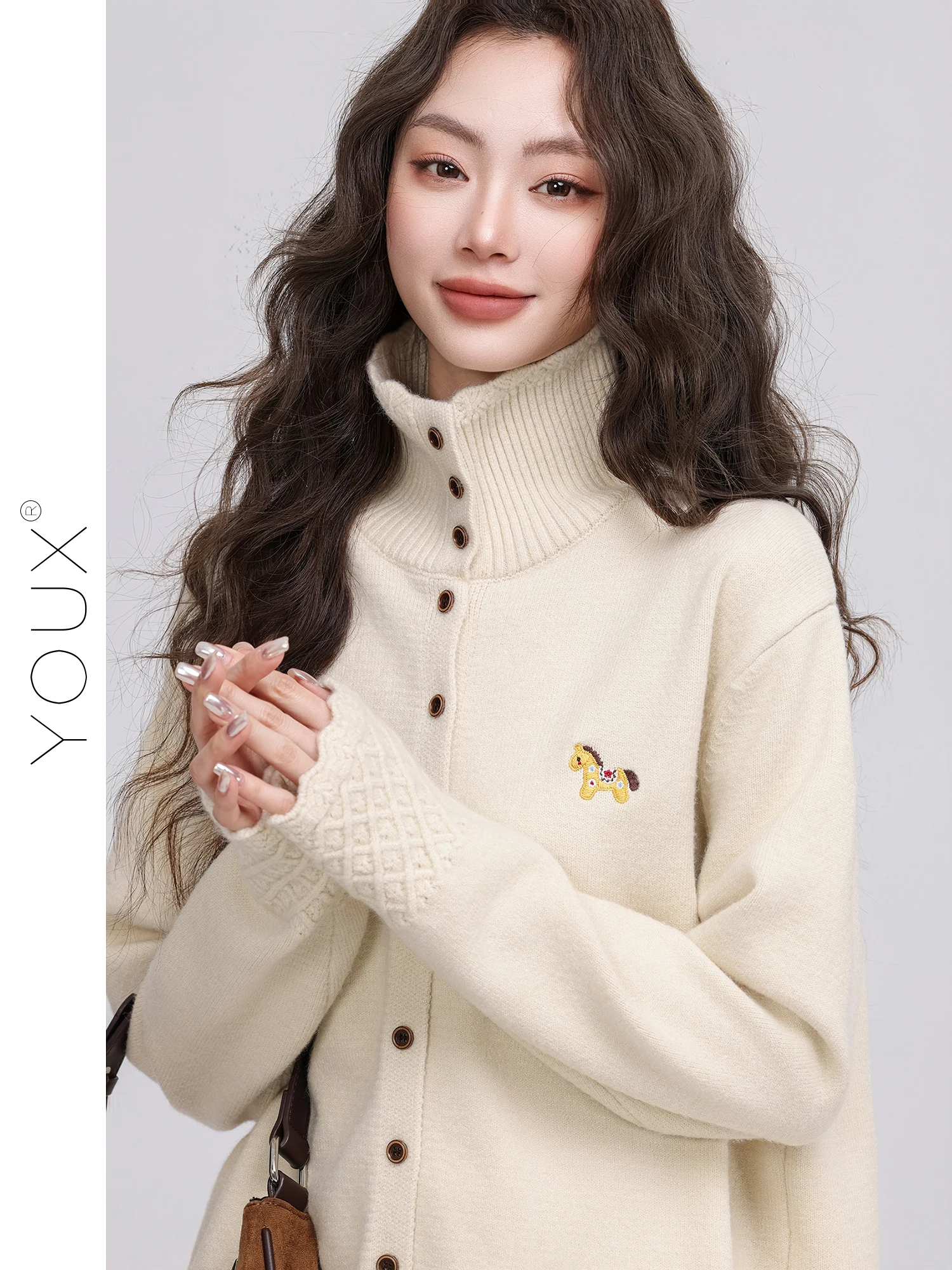 

Ladies' Lazy Sle High Collar Embroidered Sweater Winter Open Cardigan Soft Polyester Fiber Retro Loose Fit Warm Top