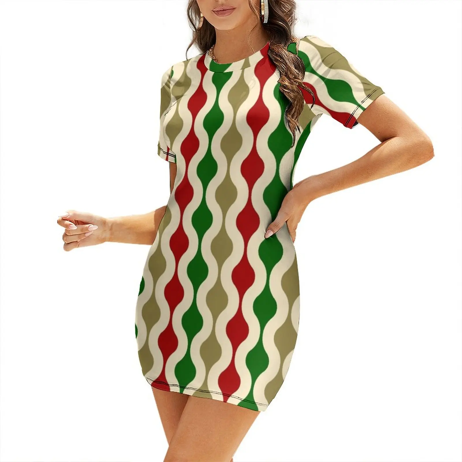 Groovy 70's pattern Christmas colors Short Sleeved Dress Women's skirt womans clothing Dress