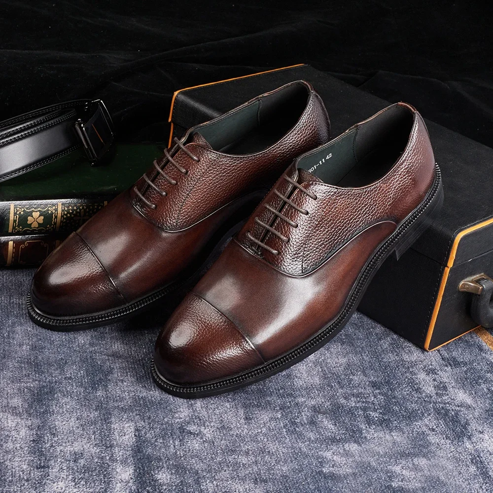 2025 Men's Italian Style Handmade Genuine Cow Leather Oxford Dress Shoes High Quality Formal Suit Footwear for Wedding