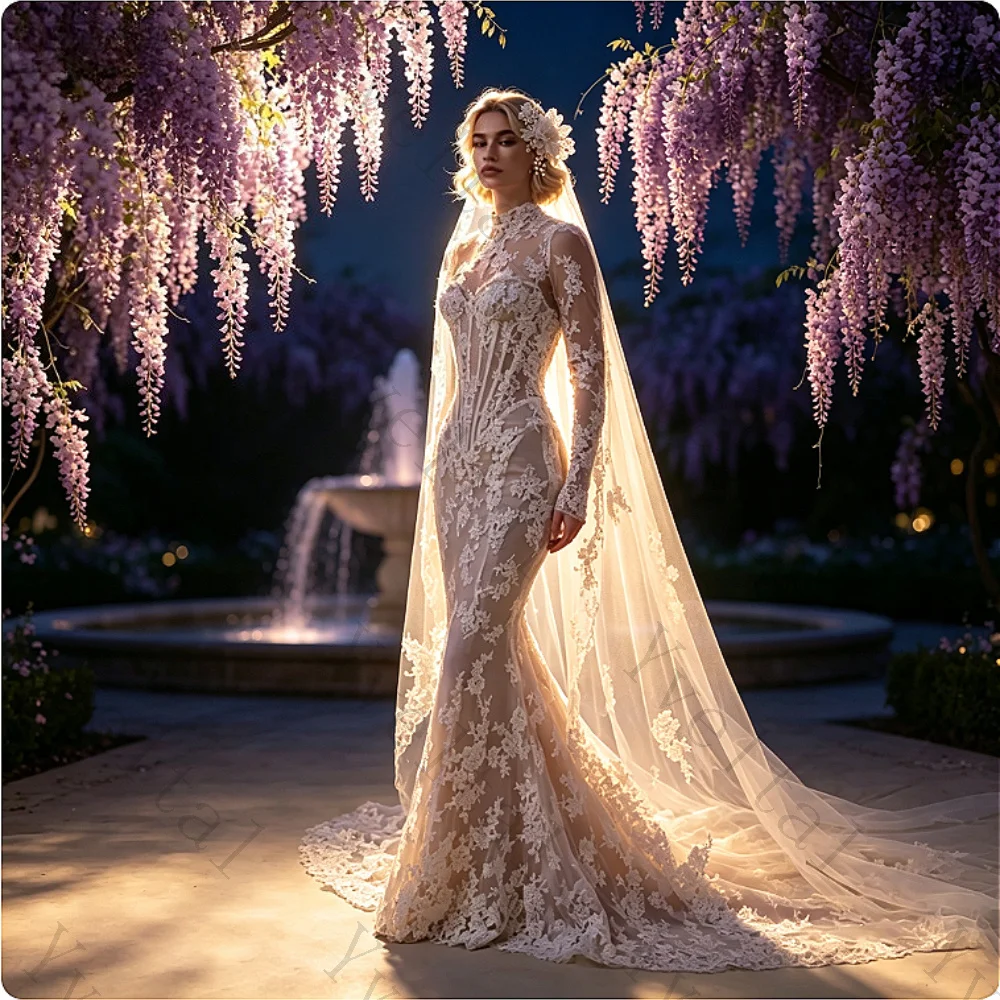 Customized  Graceful Temperament Lace Mermaid Wedding Dresses Removable High Neck LongSleeve Backless Fascinating Bridal Gown