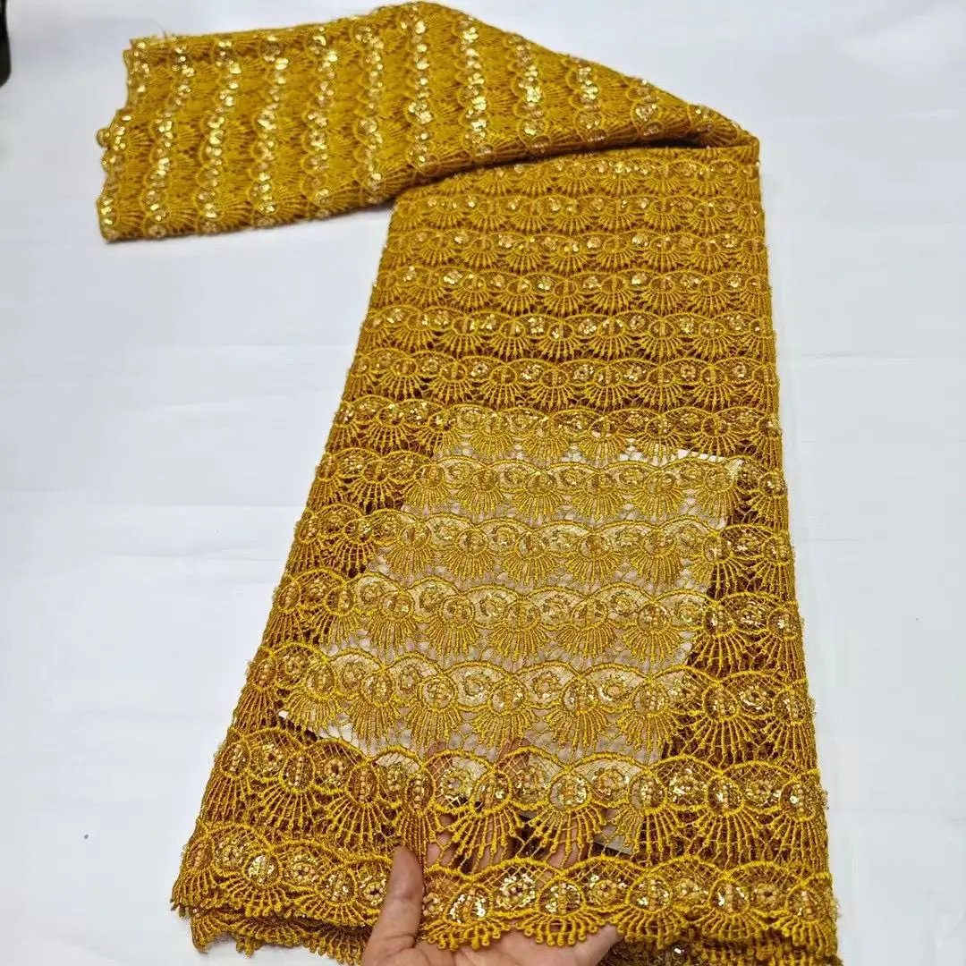 

Gold African Guipure Cord Lace Fabric With Sequins High Quality Nigerian Embroidered Mesh Water Soluble Dress Materials DW20