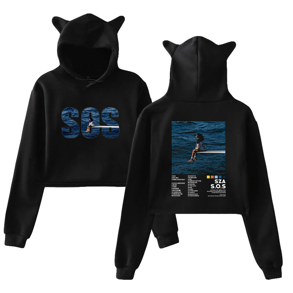 SZA SOS Music Album Merch Pullover Cat Ears Hoodie Long Sleeve Sweatshirts Female Crop Top 2023 Casual Style Women's Clothes