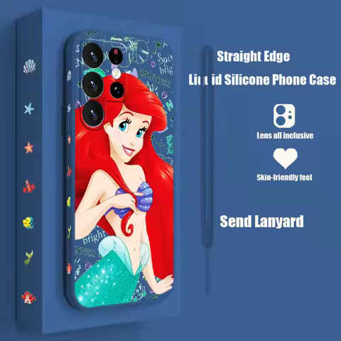 Disney Mermaid Phone Case For Samsung S23 S22 S21 S20 Fe S10 Note 20 10 Ultra Lite Plus Liquid Left Rope Cover