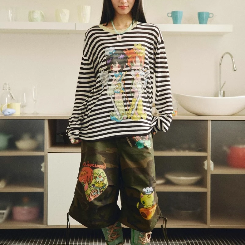 Summer Original Design New Women's Trousers Sweet Cool Cartoon Printing Camouflage Overalls Loose Thin Versatile Capris Ladies