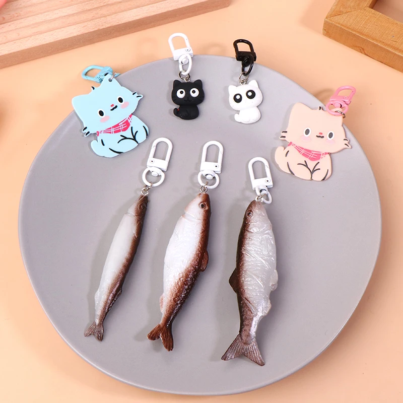 Creative Simulation Salted Fish Cat Keyring Funny Key Holder Lovely Cartoon Cat Keychain Backpack Pendant Bag Charm