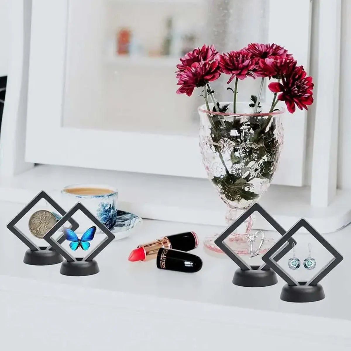 Présentoir flottant avec base, vitrine de film transparent, pièces de défi, spécimens, présentoir et rangement de bijoux