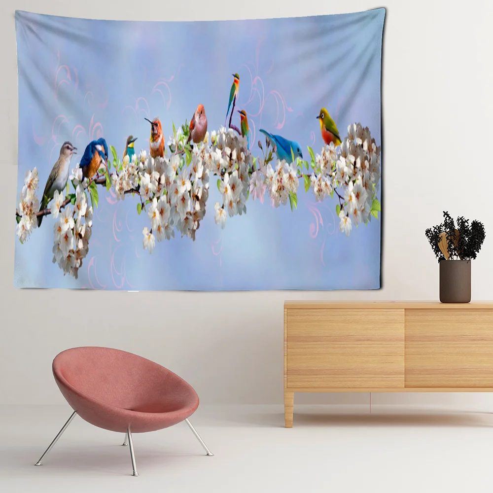 Magpie Sparrow Tapestry Flower Tree Branch Birds Perched Aesthetic Room Decor Maison Wall Gifts Bedroom Dormitory Kitchen