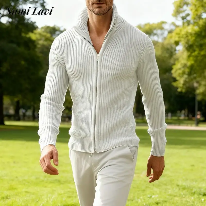 

Daily Leisure Mens Slim Jacket Coats Fall Winter Casual Solid Color Ribbed Cardigans Men Vintage Zipper Stand Collar Jackets