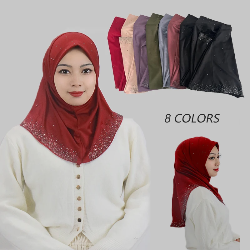 Muçulmano Pullover Hijab Diamante Hijab Cor Sólida Quente Bonito Conveniente Diamante Hijab Multi-color escolha Confortável