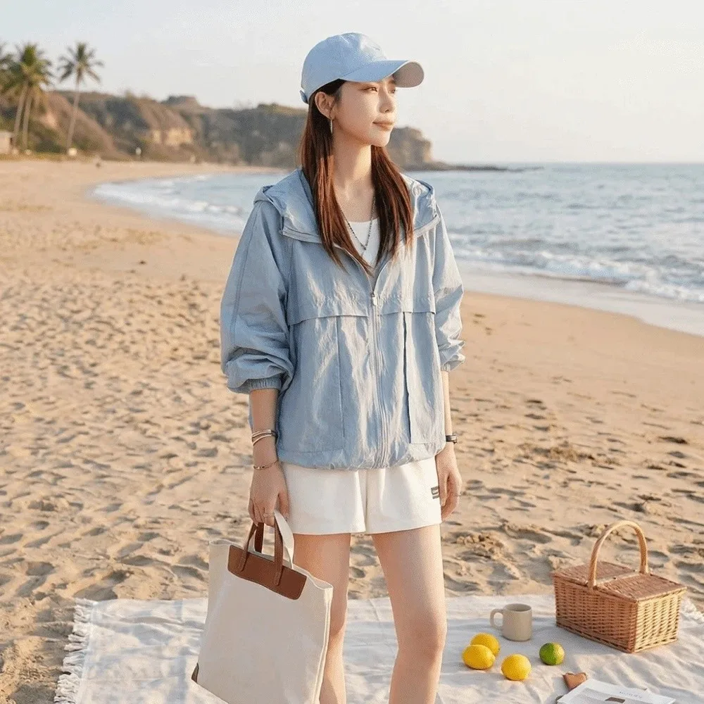 Anti UV Sun Protection Jacket Sweatshirt with Zipper Summer Sunscreen Coat Solid Color Long Sleeve Sun-Protective Tops Walking