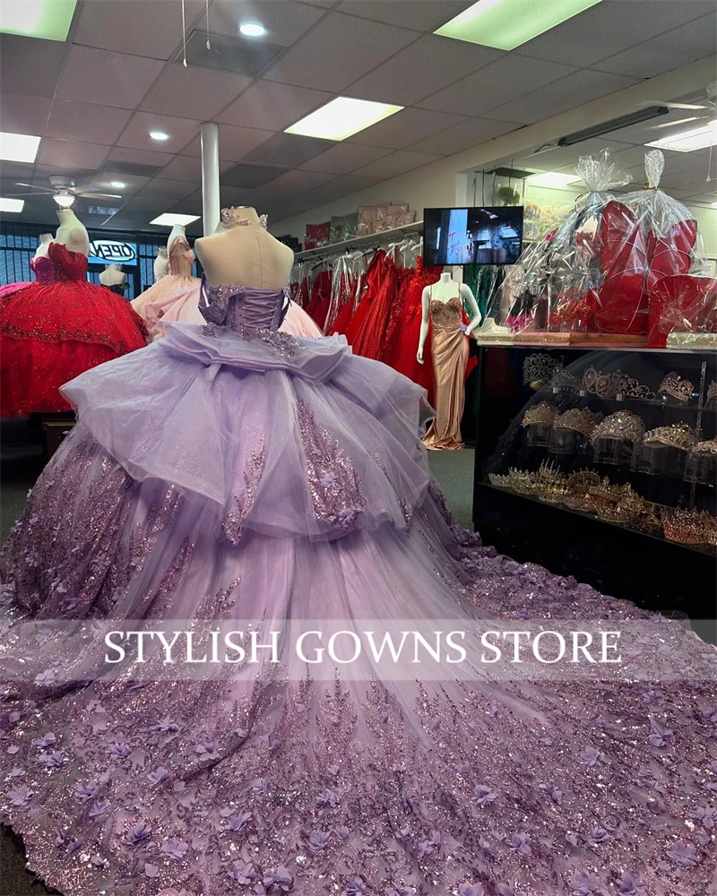 Purple Off The Shoulder 3D Flowers Quinceanera Dresses Ball Gown Beaded Appliques 2024 Birthday Luxury Dress Tiered Formal Gown