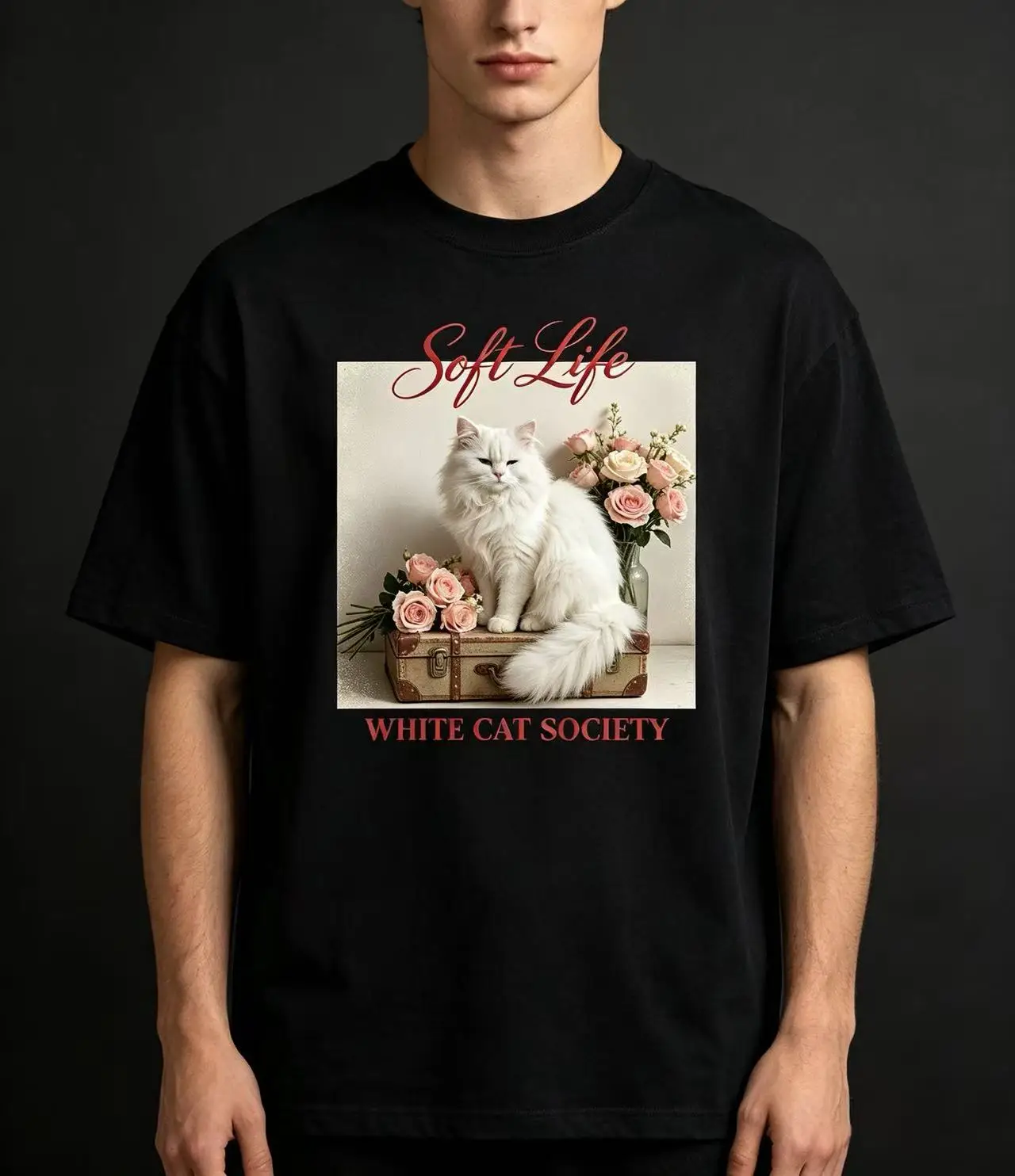 Unisex Soft Life White Cat Society Fluffy White Cat Pink Roses Vintage Suitcase Graphic T Shirt Men Women Aesthetic Animal Print Oversized Tee