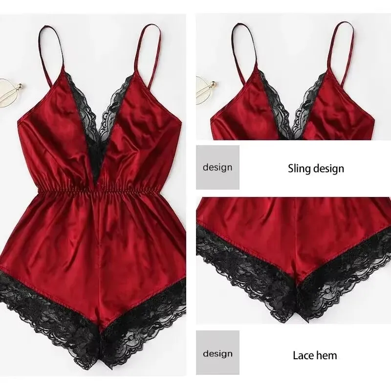 2Pcs New Sexy Fashion Women Sleep Wear Set Women Lace Splice Trim Backless Bow Shorts V-Neck Bodysuit Spaghetti Strap Elastic