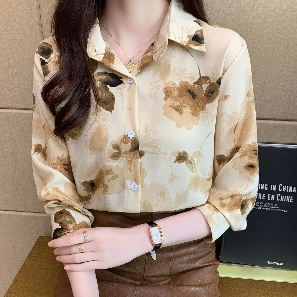 

Coigarsam Shirt Womens Tops Spring 2024 New Vintage Office Lady Long Sleeve Loose Chiffon Single Breasted Yellow Women Shirts