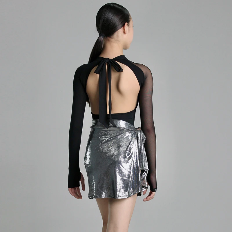 

Black Latin Dance Costume 2pcs for Girls Long Sleeved Backless Crossed Top Silver Wrap Half Skirt Cha Cha Contemporary Dancewear