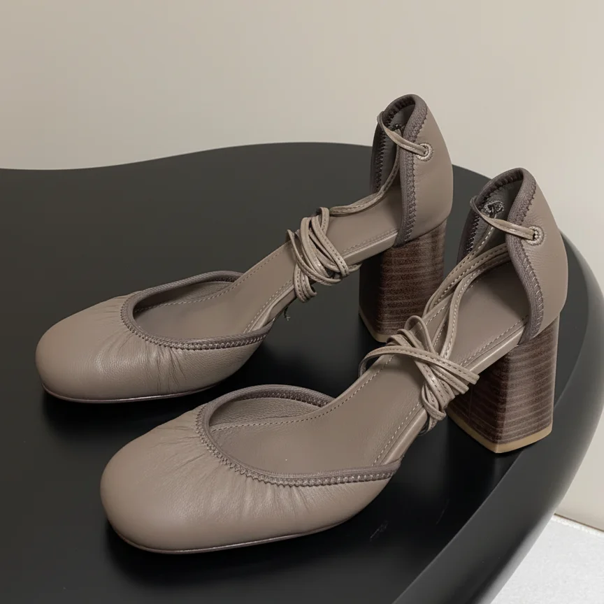 

New Women's Soft Sheepskin Leather Bottom Block Lace Comfortable Round Head Shoes High Heels