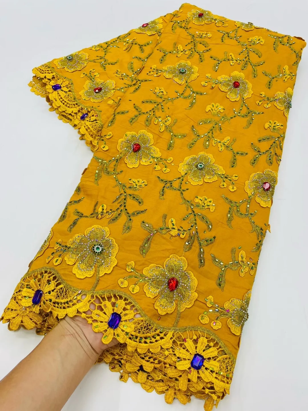 African Guipure Cord Lace Fabric Water Soluble Embroidery Rhinestone High Quality Chiffon Fabric For Women's Banquet Party AT287