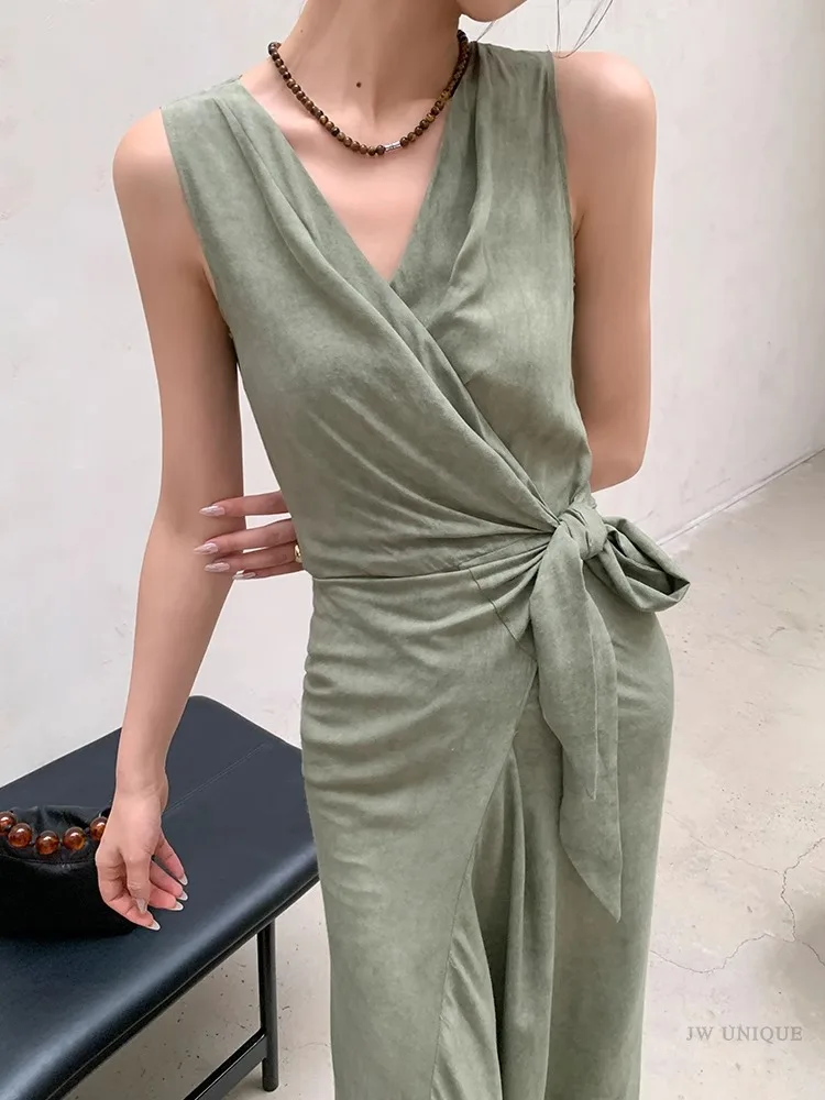 Vestido com decote em v feminino, sem mangas, slim fit, saia longa, gola enrolada, sobreposição, design verde, verão, novo, 2022