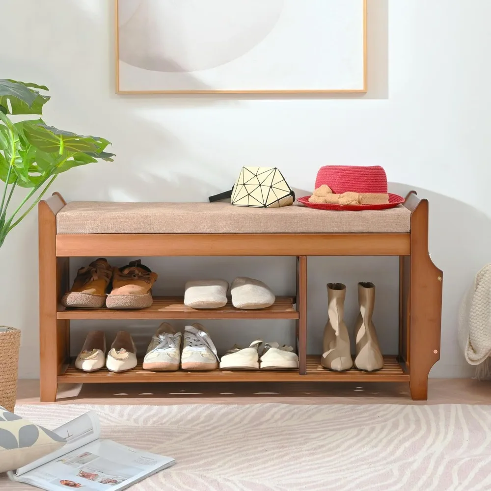 

US Shipping 2 Tier Shoe Bench with Hidden Drawer and Storage Shelf Entryway Hallway Organizer with Cushion Bamboo Wood 39.4