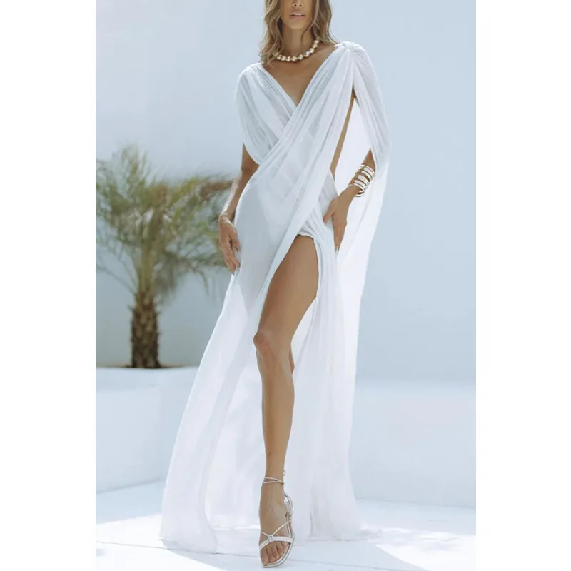 Sexy Women Beach Vacation Dress Chic Y2K Sleeveless V Neck Mesh See Through Slit Smock Holiday Bohemian Long Dress Outfits
