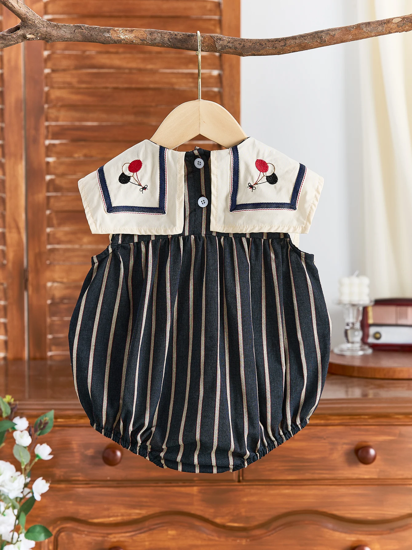 Summer Baby Girl's Large Lapel Sleeveless Triangular Jumpsuit with Striped Body and Navy Collar image 5