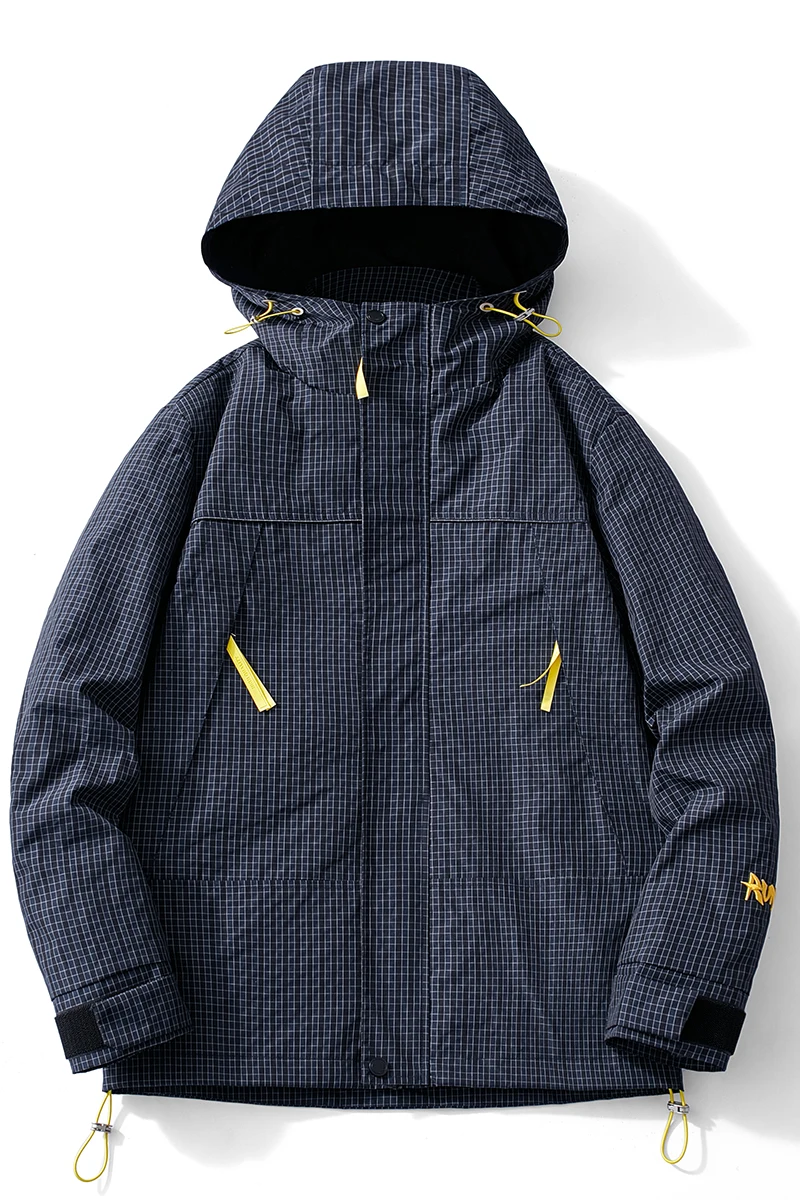 Men Plaid Hooded Jacket Windproof Outdoor Hiking Coat Loose Fit Drawstring Hood Ski Jacket Mineral Purple Casual Windbreaker Mul