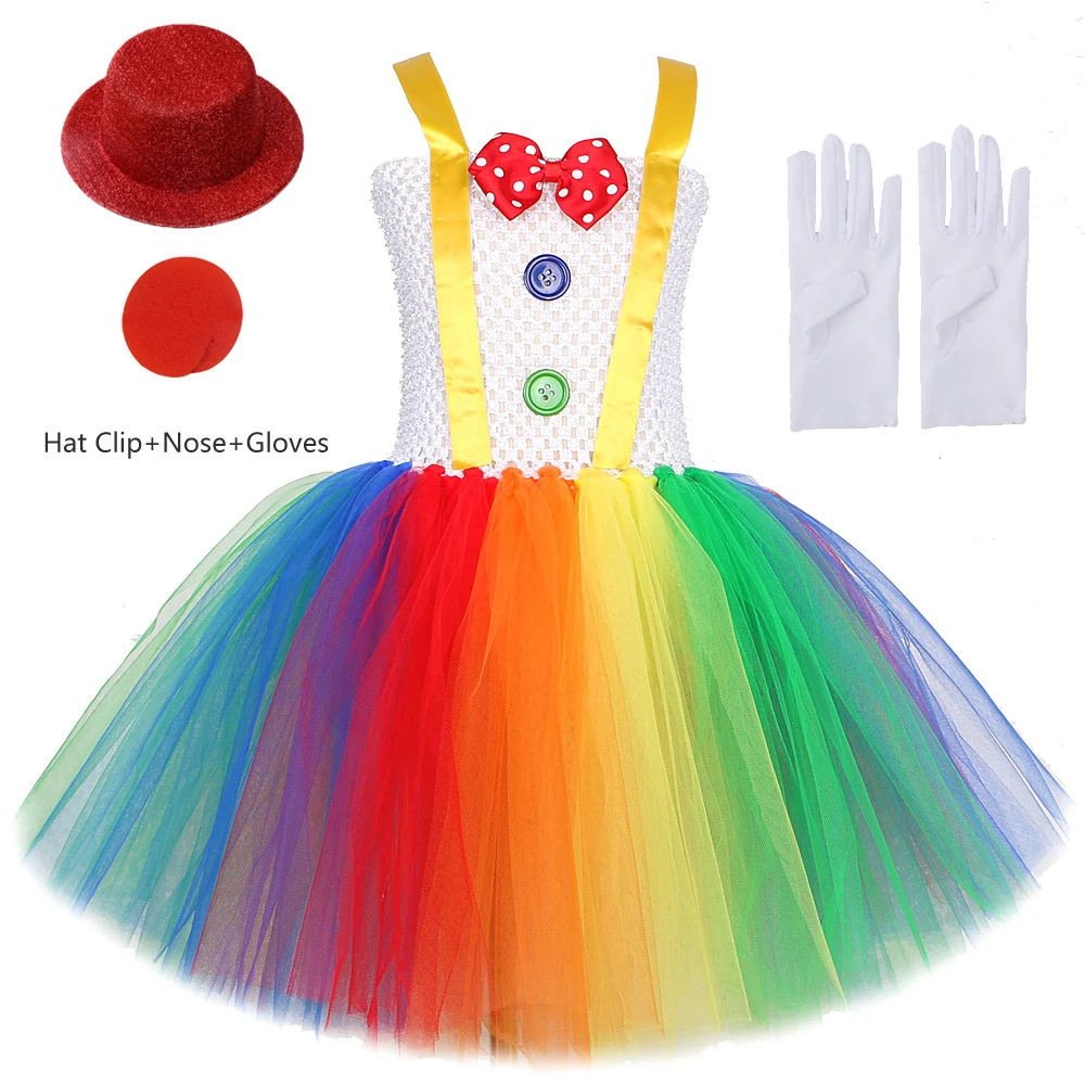 

Rainbow Circus Clown Costume for Girls Funny Joker Halloween Tutu Dress for Kids Birthday Carnival Party Outfit Children Clothes